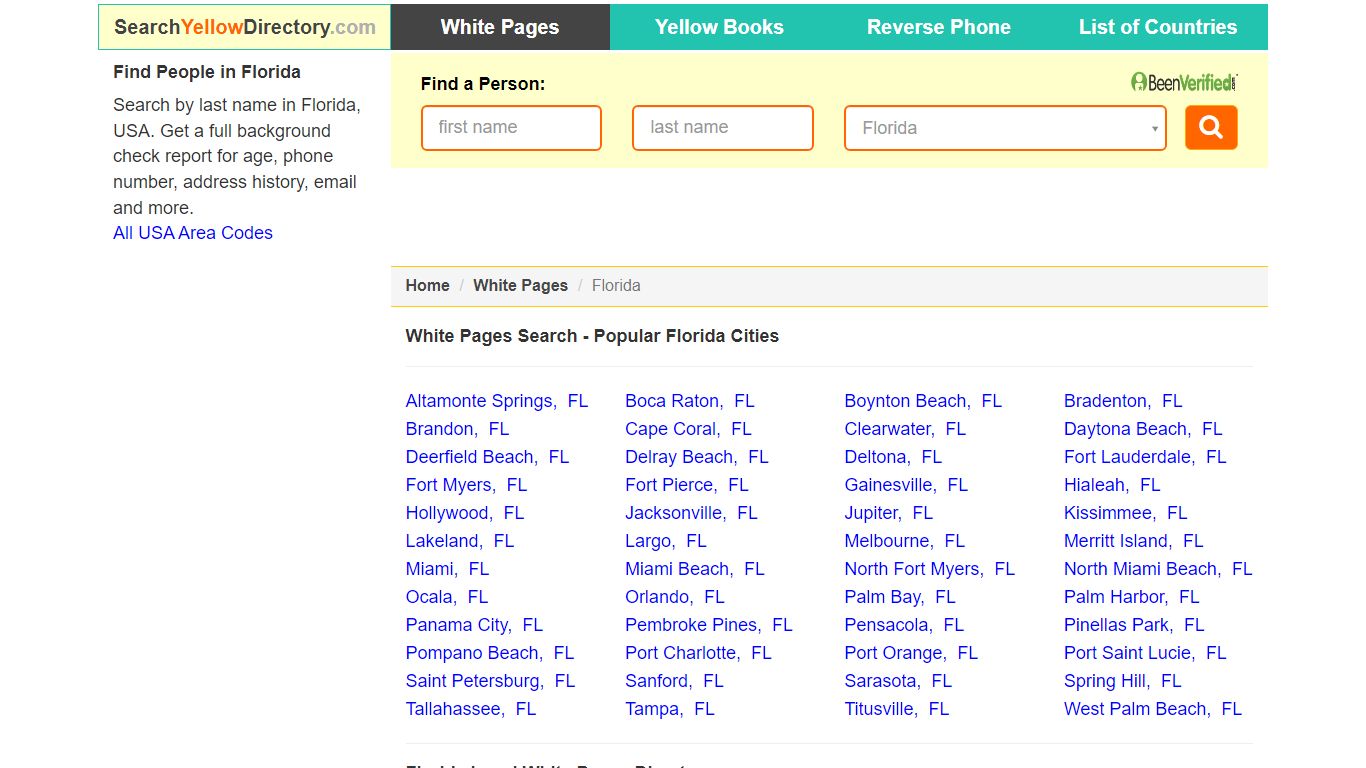 Florida White Pages Directory, Popular Cities